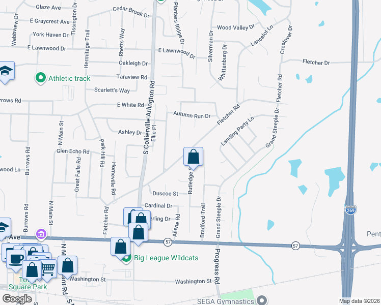 map of restaurants, bars, coffee shops, grocery stores, and more near 521 Fletcher Road in Collierville