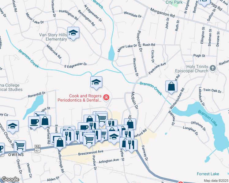 map of restaurants, bars, coffee shops, grocery stores, and more near 599 Winding Creek Road in Fayetteville