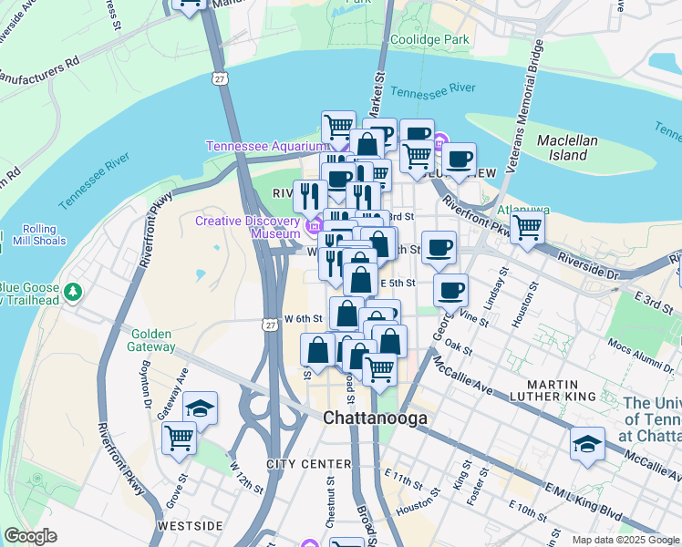 map of restaurants, bars, coffee shops, grocery stores, and more near 401 Broad St in Chattanooga