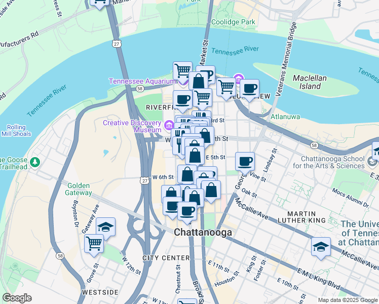 map of restaurants, bars, coffee shops, grocery stores, and more near 434 Broad Street in Chattanooga
