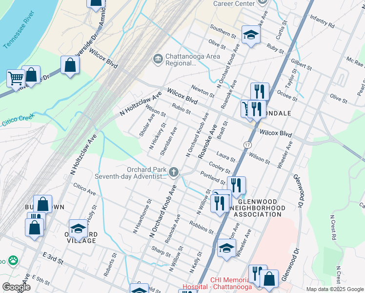 map of restaurants, bars, coffee shops, grocery stores, and more near 1111 North Hawthorne Street in Chattanooga