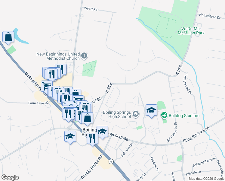 map of restaurants, bars, coffee shops, grocery stores, and more near 314 McMillin Boulevard in Boiling Springs