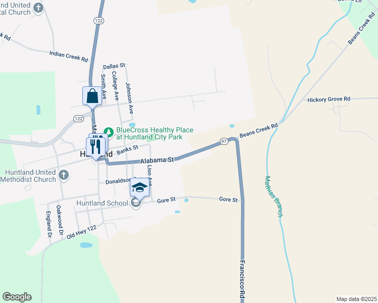map of restaurants, bars, coffee shops, grocery stores, and more near 323 Alabama Street in Huntland