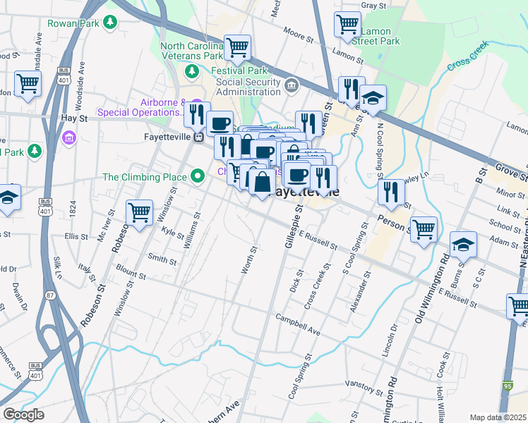 map of restaurants, bars, coffee shops, grocery stores, and more near 201 Franklin Street in Fayetteville