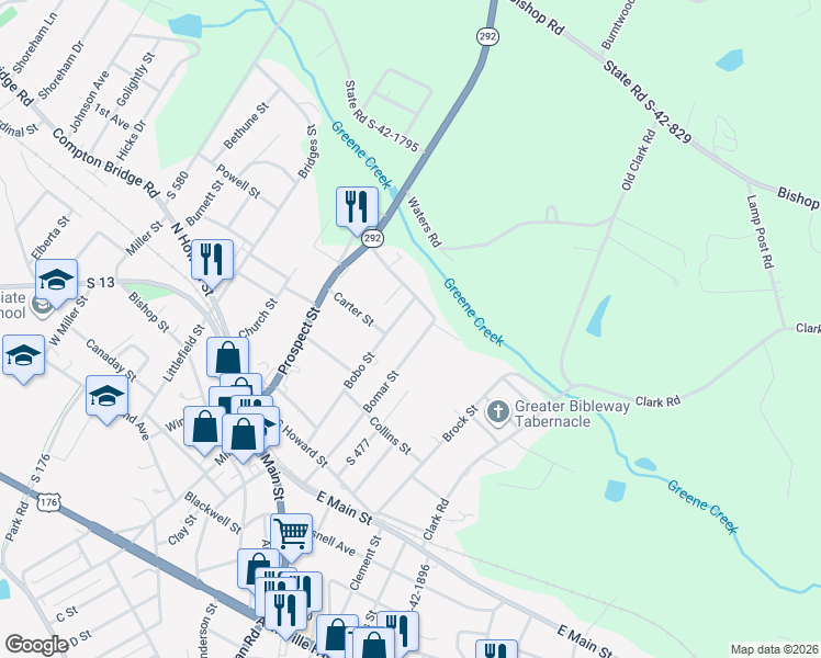map of restaurants, bars, coffee shops, grocery stores, and more near 57 Bobo Street in Inman
