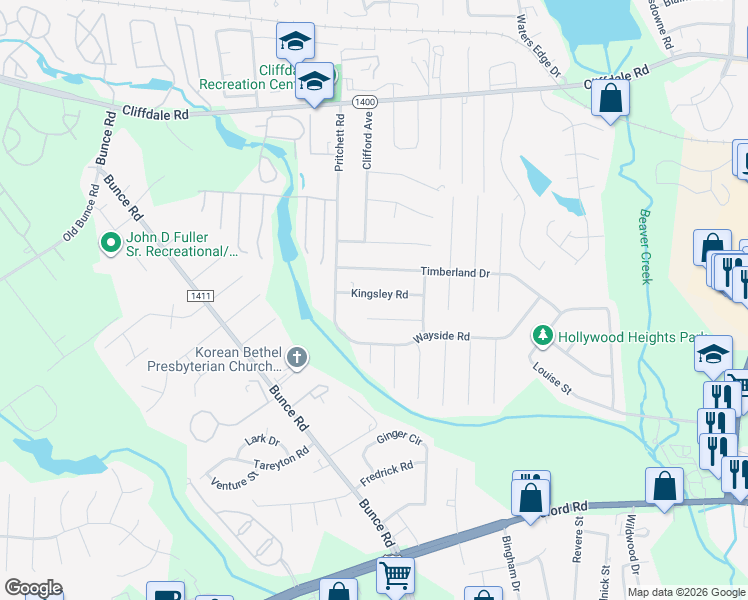 map of restaurants, bars, coffee shops, grocery stores, and more near 1042 Kingsley Road in Fayetteville