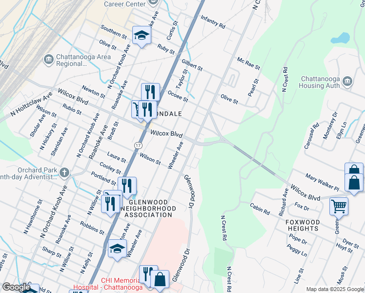 map of restaurants, bars, coffee shops, grocery stores, and more near 1410 Wheeler Avenue in Chattanooga