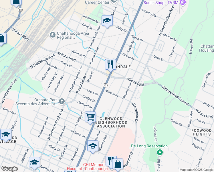 map of restaurants, bars, coffee shops, grocery stores, and more near 1391 Dodson Avenue in Chattanooga