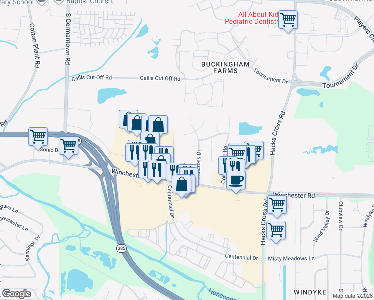 map of restaurants, bars, coffee shops, grocery stores, and more near 7838 Gateway Inlet in Memphis