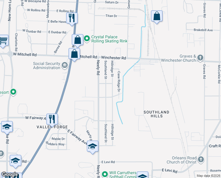 map of restaurants, bars, coffee shops, grocery stores, and more near 3540 Hillridge Street in Memphis