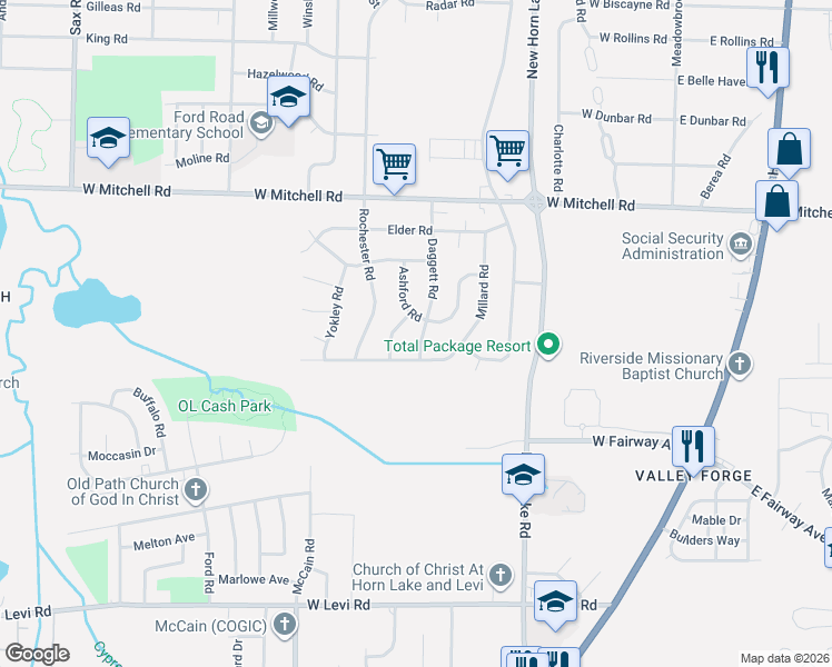 map of restaurants, bars, coffee shops, grocery stores, and more near 3541 Daggett Road in Memphis
