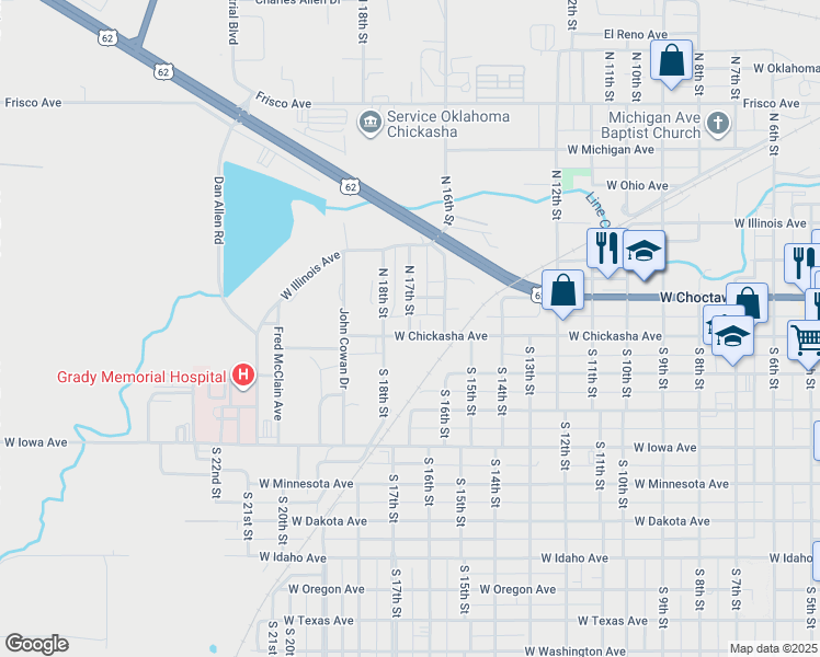 map of restaurants, bars, coffee shops, grocery stores, and more near 117 North 17th Street in Chickasha