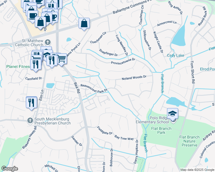 map of restaurants, bars, coffee shops, grocery stores, and more near 10605 Moberly Court in Charlotte