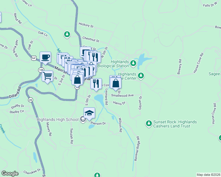 map of restaurants, bars, coffee shops, grocery stores, and more near 690 Horse Cove Road in Highlands