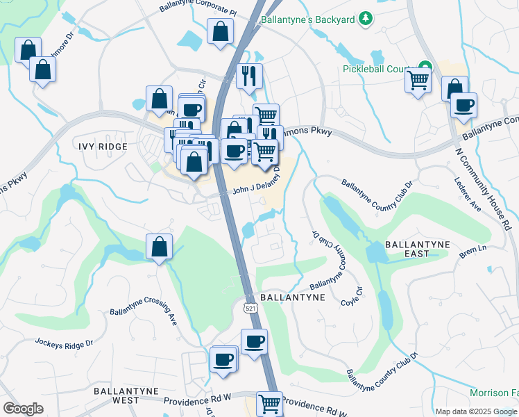 map of restaurants, bars, coffee shops, grocery stores, and more near 14215 Ballantyne Lake Road in Charlotte