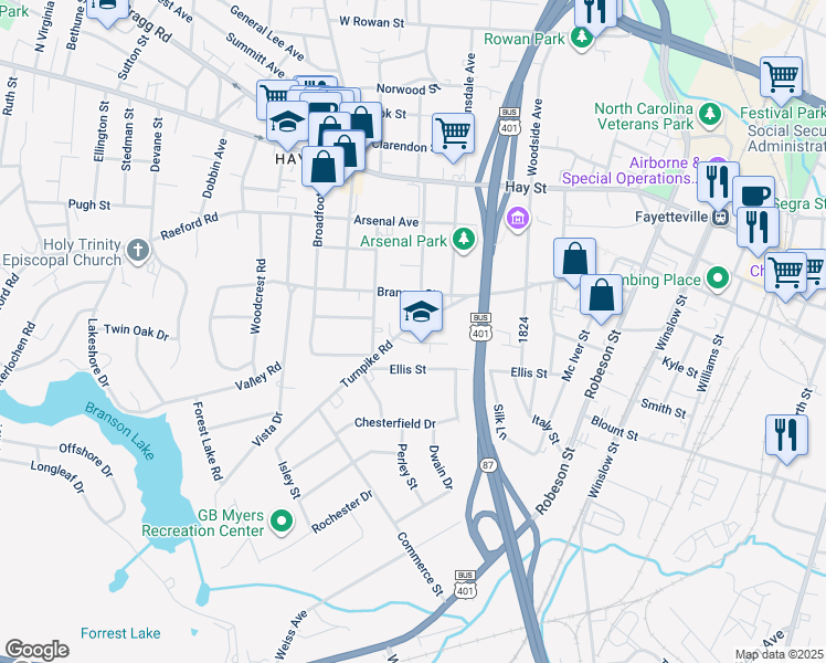 map of restaurants, bars, coffee shops, grocery stores, and more near 1003 Turnpike Road in Fayetteville