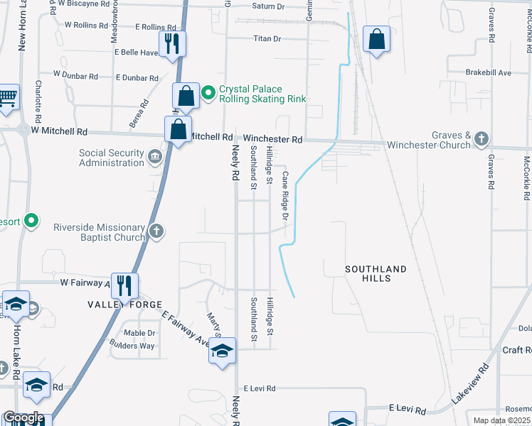 map of restaurants, bars, coffee shops, grocery stores, and more near 3540 Hillridge Street in Memphis