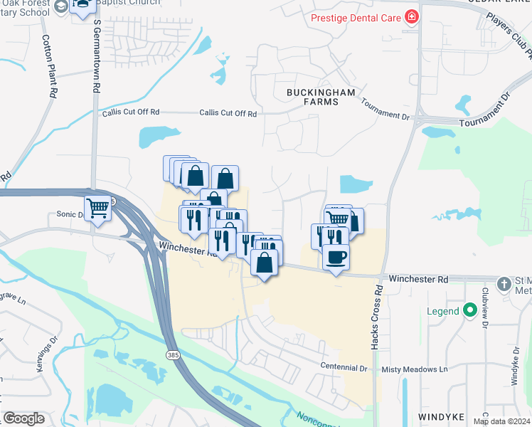 map of restaurants, bars, coffee shops, grocery stores, and more near 7838 Gateway Inlet in Memphis