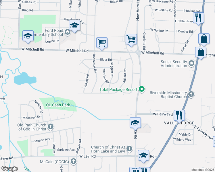 map of restaurants, bars, coffee shops, grocery stores, and more near 3541 Daggett Road in Memphis