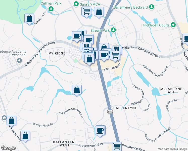 map of restaurants, bars, coffee shops, grocery stores, and more near 11106 Bladworth Court in Charlotte