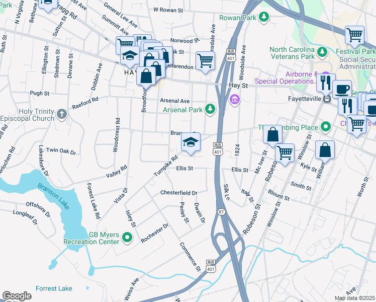 map of restaurants, bars, coffee shops, grocery stores, and more near 1003 Turnpike Road in Fayetteville
