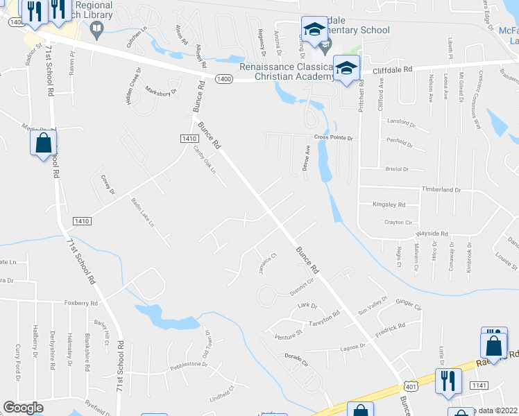 map of restaurants, bars, coffee shops, grocery stores, and more near 6499 Pleasant Street in Fayetteville