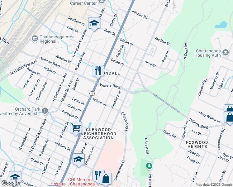 map of restaurants, bars, coffee shops, grocery stores, and more near 1410 Arlington Avenue in Chattanooga