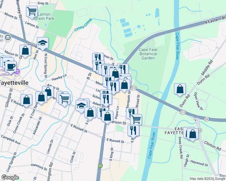 map of restaurants, bars, coffee shops, grocery stores, and more near 342 North Eastern Boulevard in Fayetteville