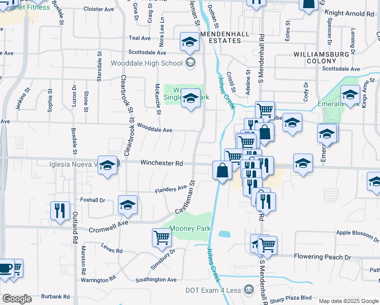 map of restaurants, bars, coffee shops, grocery stores, and more near 3541 Castleman Street in Memphis