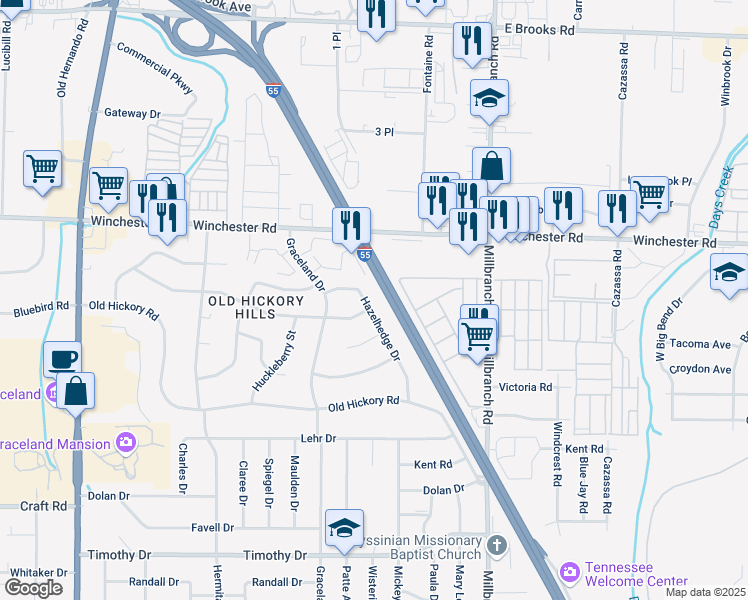 map of restaurants, bars, coffee shops, grocery stores, and more near 3556 Hazelhedge Drive in Memphis