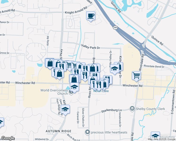 map of restaurants, bars, coffee shops, grocery stores, and more near 6698 North Regency Park Circle in Memphis