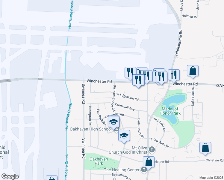 map of restaurants, bars, coffee shops, grocery stores, and more near 3534 Bishops Bridge Road in Memphis