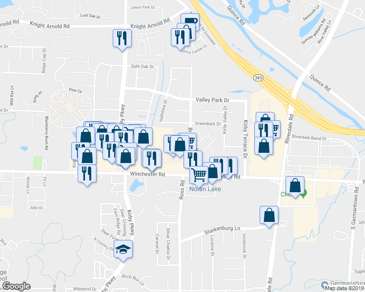 map of restaurants, bars, coffee shops, grocery stores, and more near 3566 East Regency Park Circle in Memphis