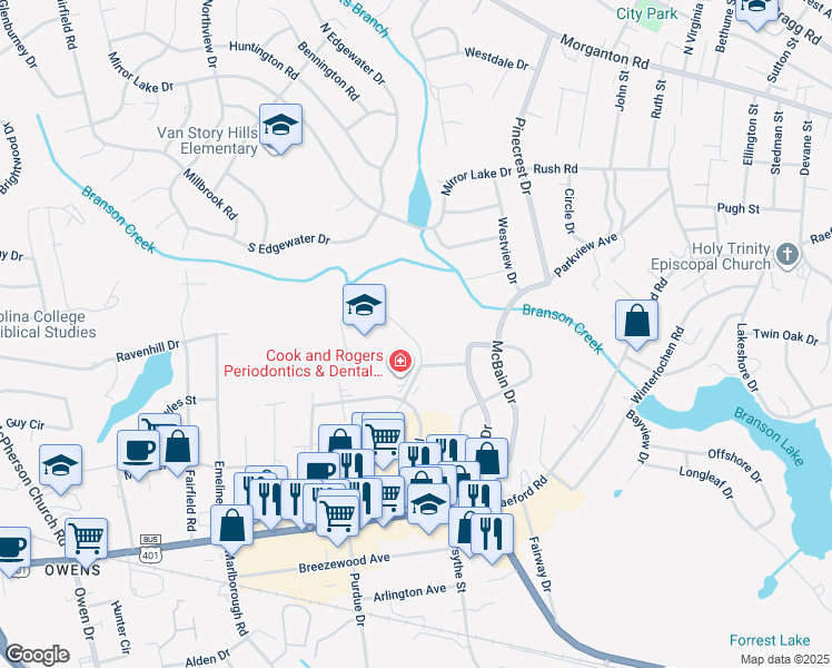 map of restaurants, bars, coffee shops, grocery stores, and more near 587 Winding Creek Road in Fayetteville