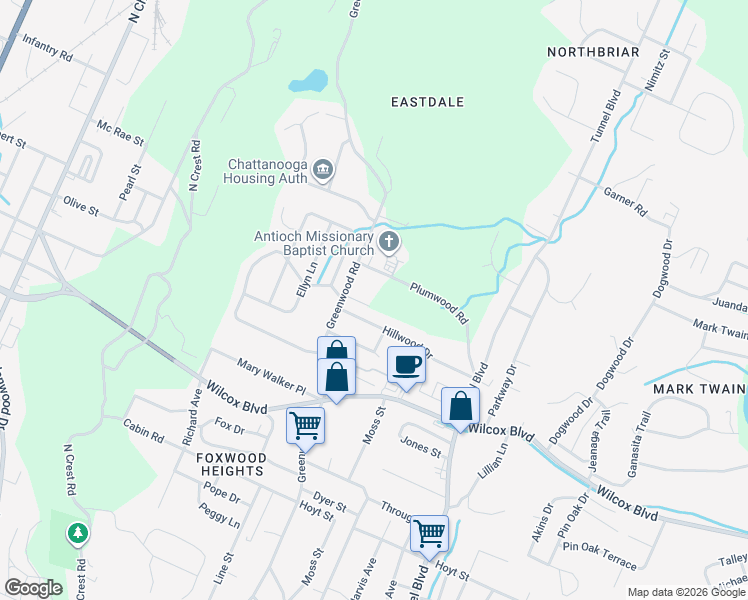 map of restaurants, bars, coffee shops, grocery stores, and more near 3418 Plumwood Road in Chattanooga