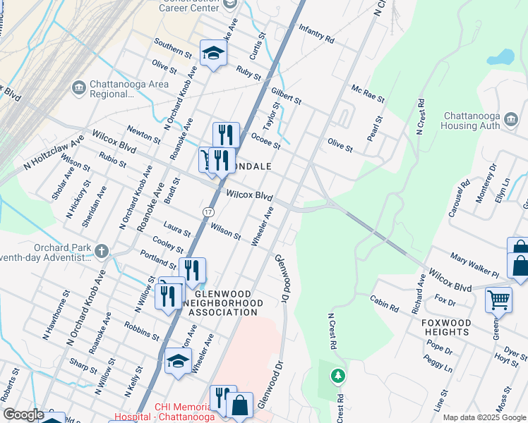 map of restaurants, bars, coffee shops, grocery stores, and more near 1410 Arlington Avenue in Chattanooga