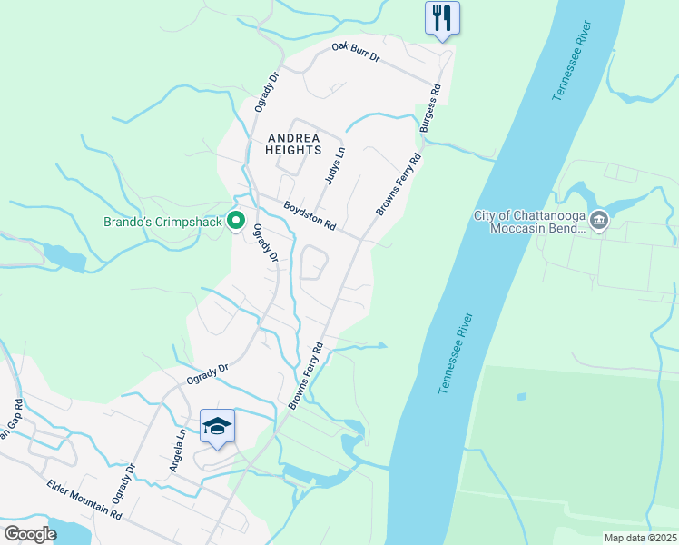 map of restaurants, bars, coffee shops, grocery stores, and more near 3337 Bonneville Circle in Chattanooga