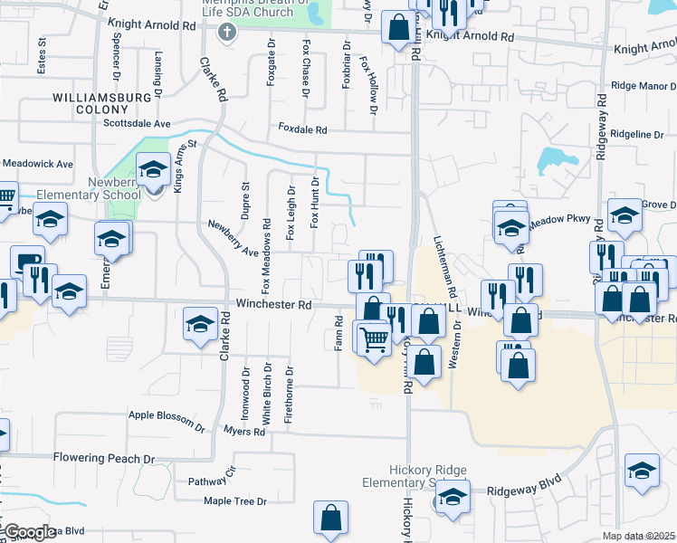 map of restaurants, bars, coffee shops, grocery stores, and more near 5827 South Newberry Lane in Memphis
