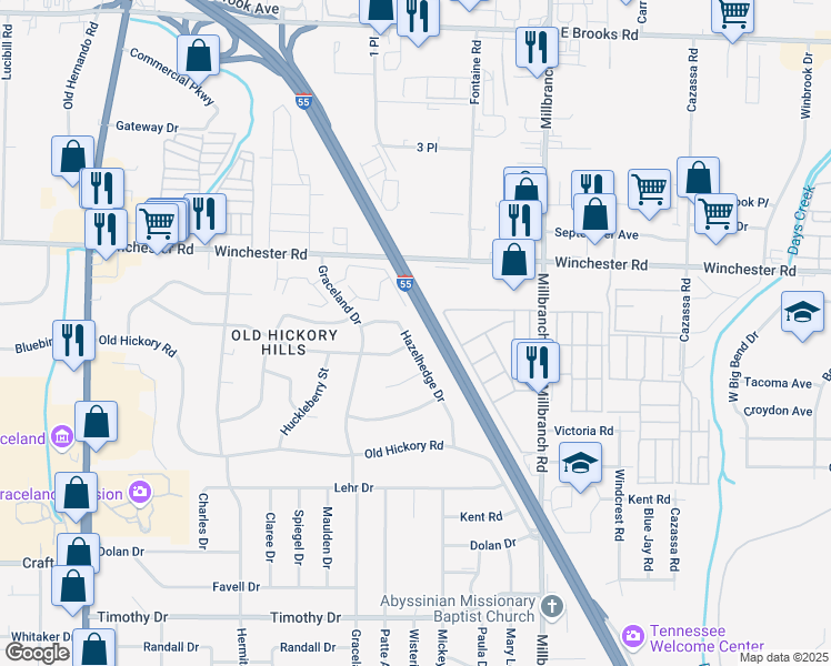 map of restaurants, bars, coffee shops, grocery stores, and more near 3556 Hazelhedge Drive in Memphis