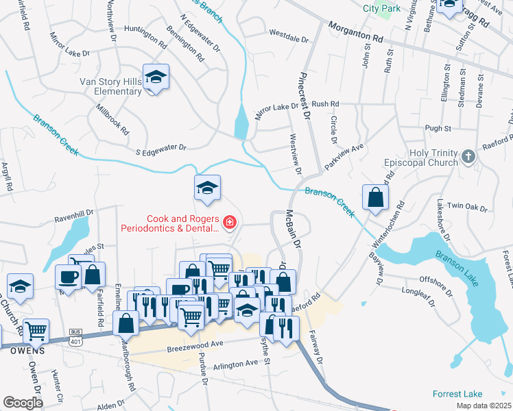 map of restaurants, bars, coffee shops, grocery stores, and more near 591 Winding Creek Road in Fayetteville