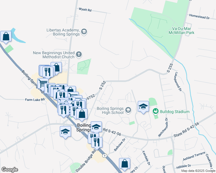 map of restaurants, bars, coffee shops, grocery stores, and more near 305 Concert Way in Boiling Springs