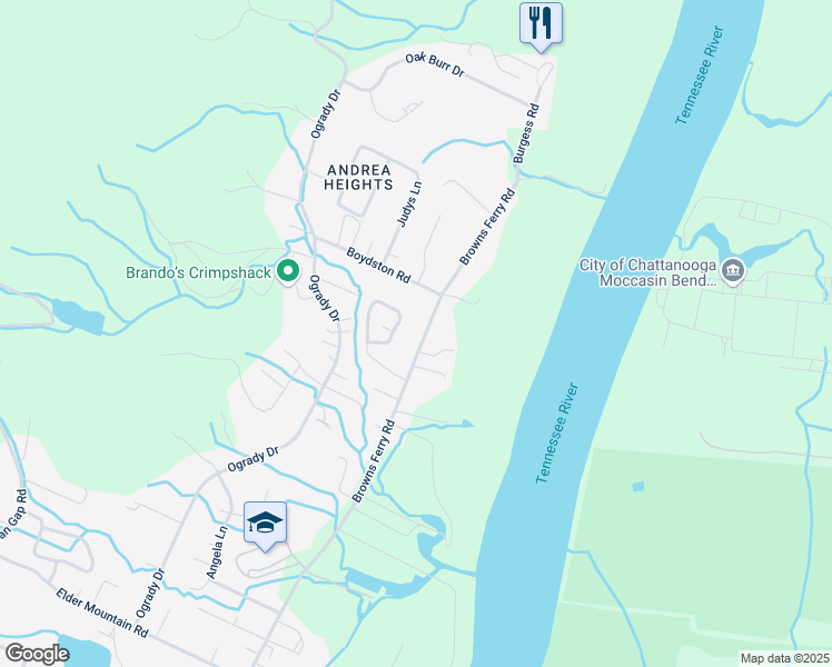 map of restaurants, bars, coffee shops, grocery stores, and more near 3337 Bonneville Circle in Chattanooga