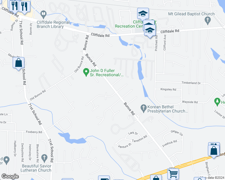 map of restaurants, bars, coffee shops, grocery stores, and more near 796 Bunce Road in Fayetteville