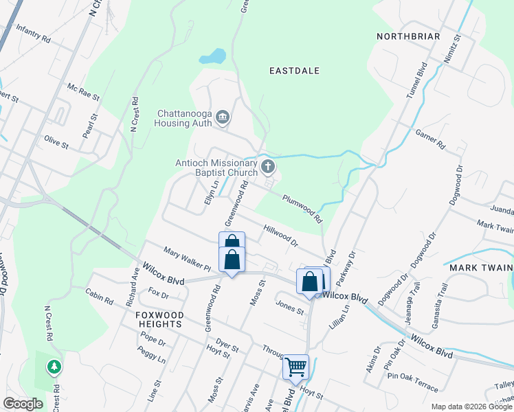 map of restaurants, bars, coffee shops, grocery stores, and more near 3418 Plumwood Road in Chattanooga
