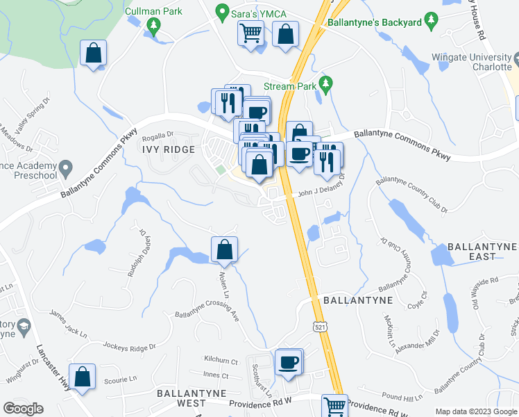 map of restaurants, bars, coffee shops, grocery stores, and more near 11173 Waxberry Drive in Charlotte