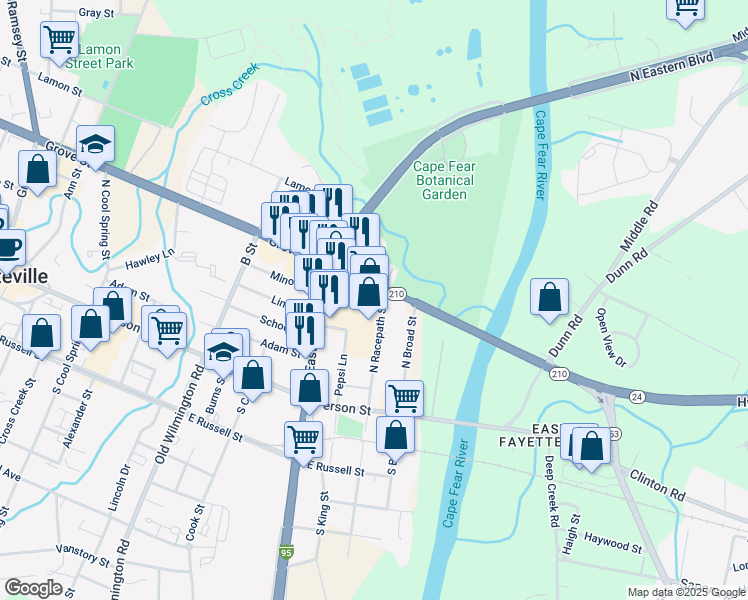 map of restaurants, bars, coffee shops, grocery stores, and more near 342 North Eastern Boulevard in Fayetteville