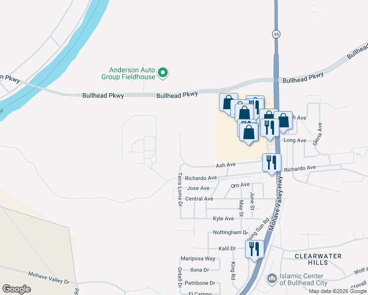 map of restaurants, bars, coffee shops, grocery stores, and more near 3608 Terra Loma Drive in Bullhead City