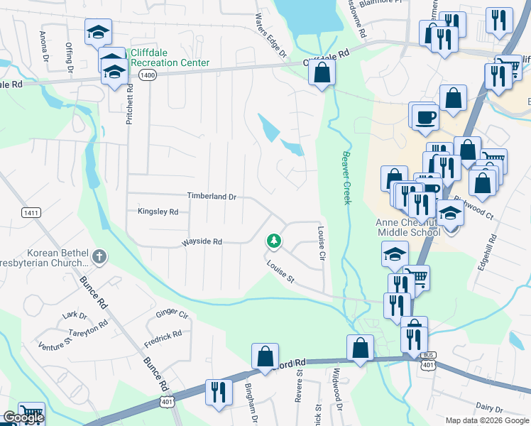 map of restaurants, bars, coffee shops, grocery stores, and more near 6170-6172 Timberland Drive in Fayetteville