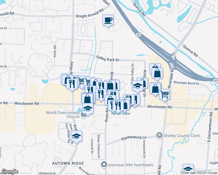 map of restaurants, bars, coffee shops, grocery stores, and more near 3558 East Regency Park Circle in Memphis