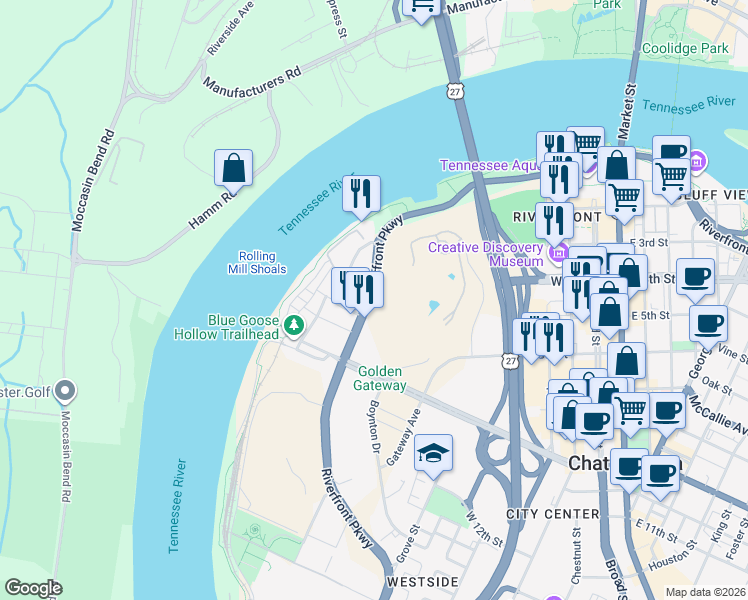 map of restaurants, bars, coffee shops, grocery stores, and more near 553 Riverfront Parkway in Chattanooga